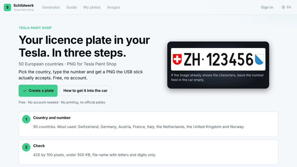 Schildwerk licence plate generator for the Tesla Paint Shop
