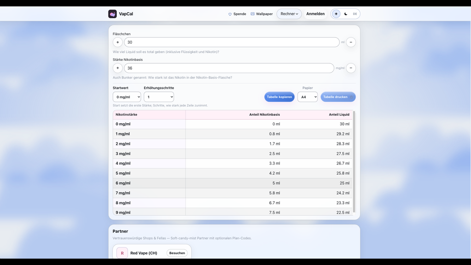 VapCal mixture calculator screenshot