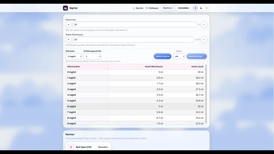 VapCal mixture calculator screenshot